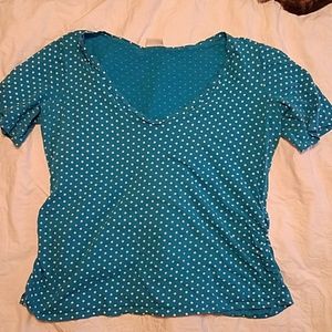 Blue V-neck with white polka dots and side ruching